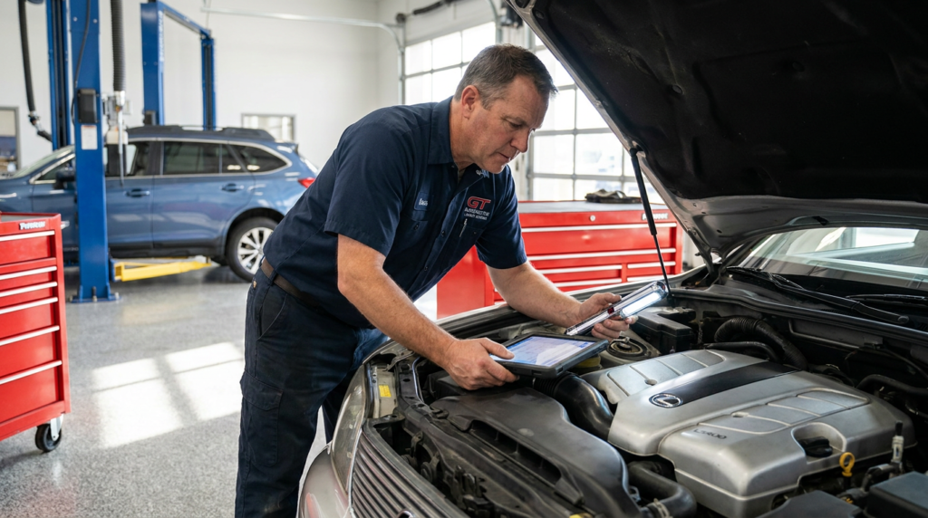 A mechanic uses a diagnostic tablet while inspecting the engine of a car in an auto repair shop in South Jordan, UT.