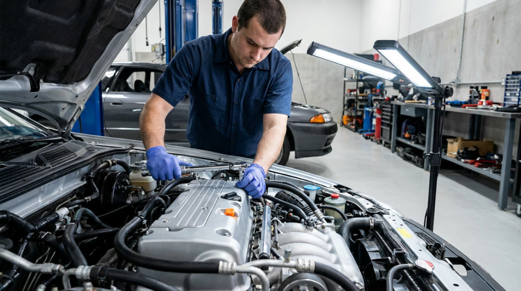 A mechanic wearing blue gloves works under the hood of a car in a well-lit auto repair shop with tools and another vehicle in the background, possibly diagnosing common Honda Pilot problems.