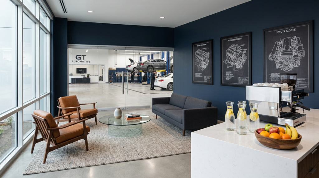 Modern auto repair shop in South Jordan, UT features a waiting area with armchairs, sofa, coffee station, fresh fruit, and framed engine diagrams; service bays with cars are visible through a glass wall.