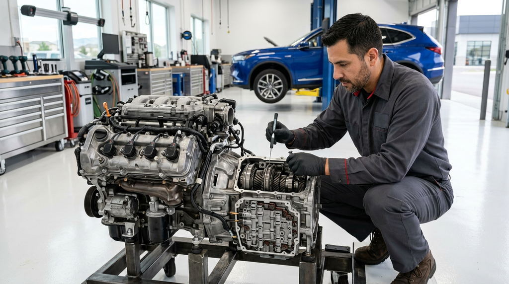 A technician in a uniform performs Acura diagnostics on an exposed engine mounted on a stand in a repair shop.