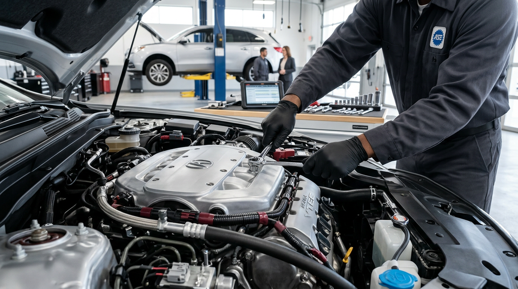 A mechanic wearing black gloves uses a wrench to perform Acura engine repair in a repair shop.
