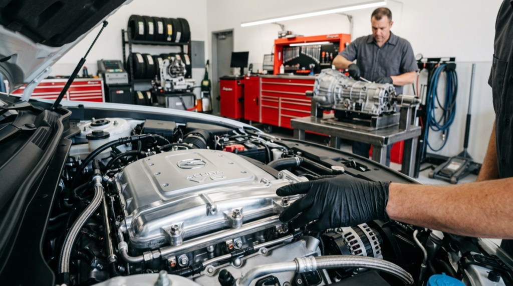 Mechanic in black gloves performing Acura engine repair on a V6, with another technician working on a transmission in the background.