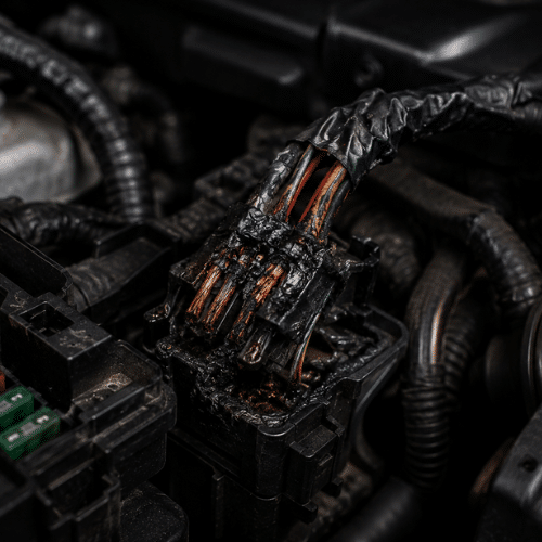 Close-up of a burnt and damaged electrical connector with exposed wires in a vehicle engine compartment.