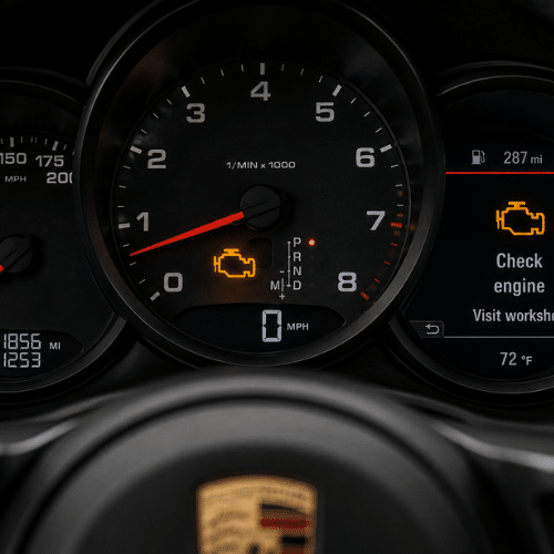Close-up of a car dashboard showing the check engine warning light illuminated and a display message advising to visit a workshop.