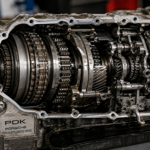 Close-up of a Porsche PDK dual-clutch transmission with the casing removed, showing detailed internal gears and mechanical components.