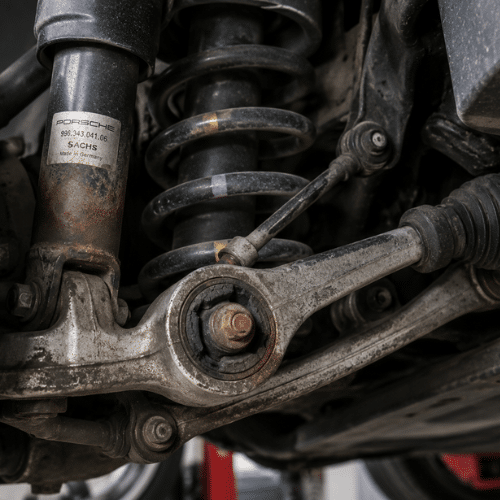 Close-up view of a car suspension system, showing the coil spring, shock absorber, control arm, and related mechanical components.
