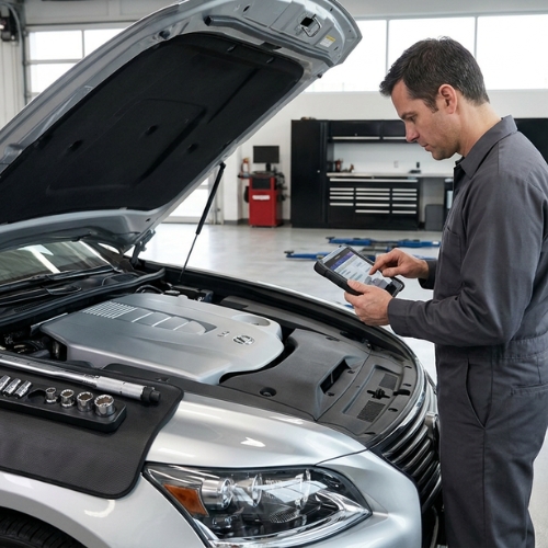 A mechanic in a workshop uses a tablet to check diagnostics while inspecting the engine for an oil change, with tools laid out on the fender cover and the car’s hood open.