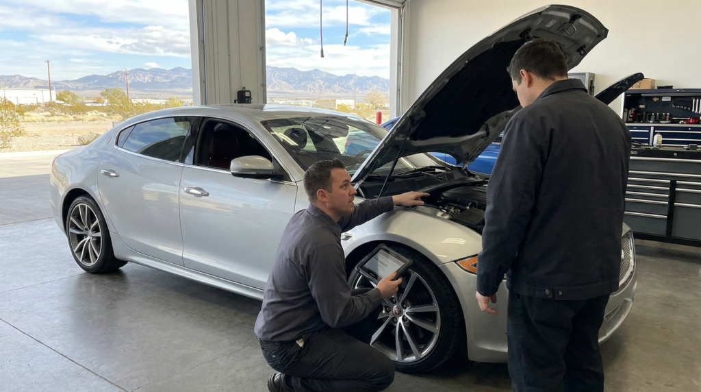 Two mechanics from a luxury auto repair shop inspect the engine of a silver sedan with the hood open inside a South Jordan garage, with tools and mountains visible in the background.