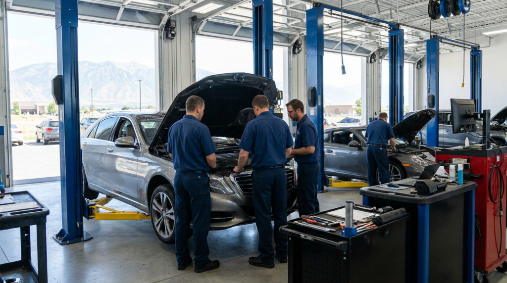 Four auto mechanics in blue uniforms work on cars with raised hoods inside a brightly lit luxury auto repair garage in South Jordan, featuring large windows and mountain views outside.