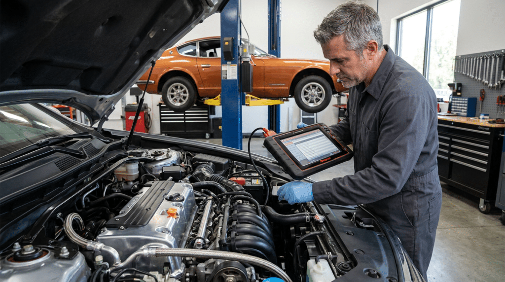 A mechanic uses a diagnostic tablet while inspecting a car engine in a garage, highlighting the attention to detail often needed when addressing common Honda Pilot issues; another car is raised on a lift in the background.