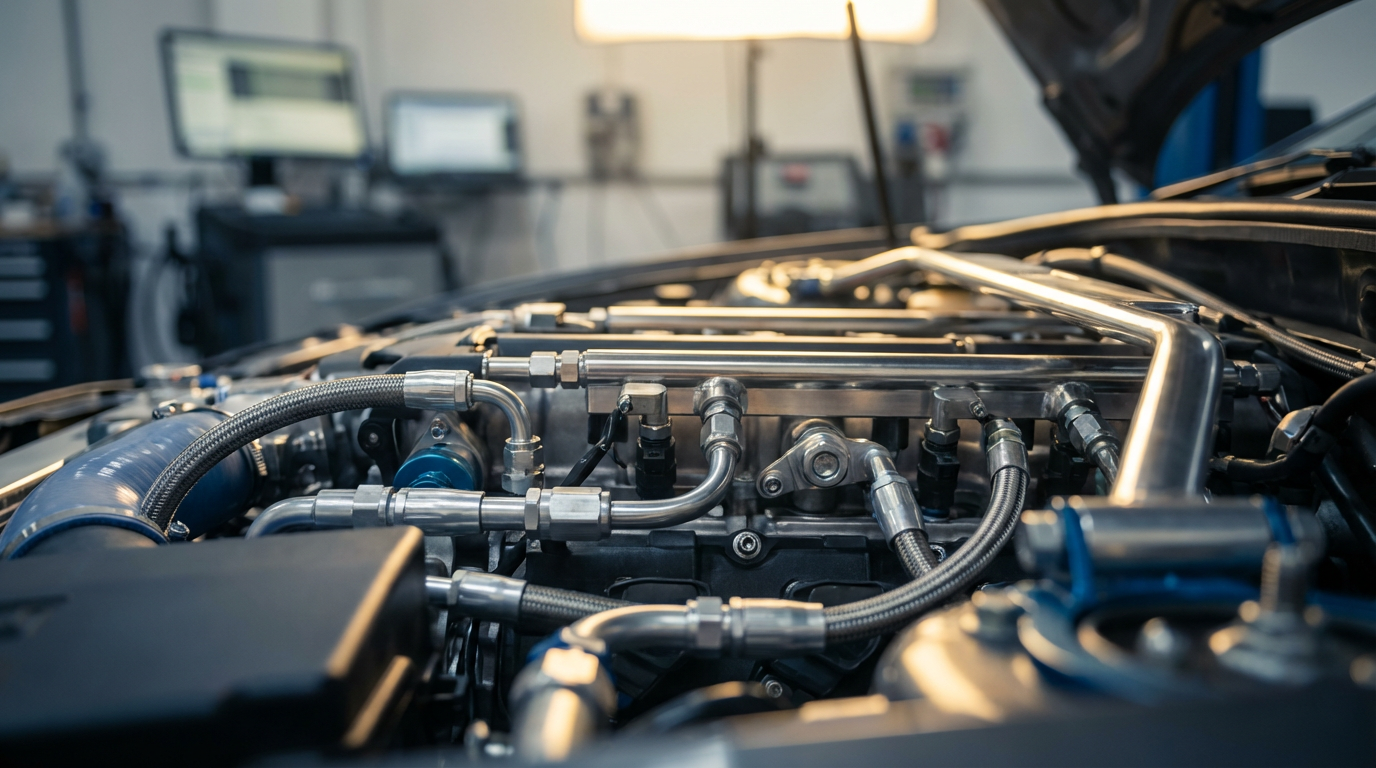 Close-up view of a car engine undergoing head gasket repair, with visible metal pipes, hoses, and components in a mechanic workshop setting and blurred equipment in the background.