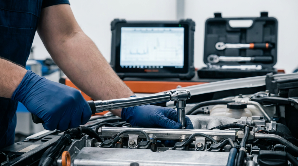 A person wearing blue gloves uses a torque wrench on a car engine with diagnostic tools and a laptop in the background, showcasing the expertise you'd expect from top auto repair providers in South Jordan, UT.