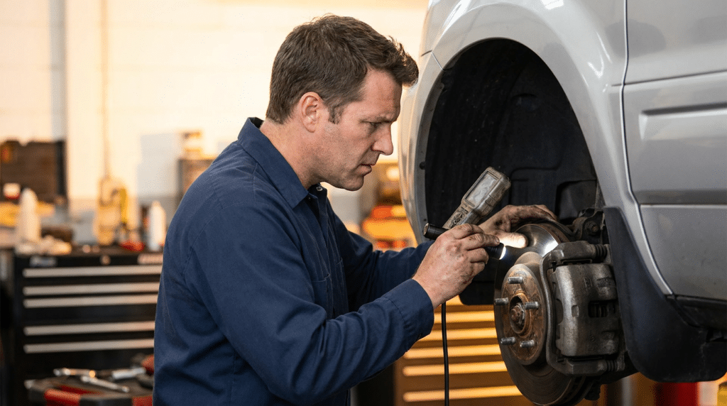 A mechanic in blue coveralls inspects a car’s brake system with a handheld work light in an auto repair shop, addressing potential common Honda Pilot issues to ensure the vehicle’s safety and reliability.