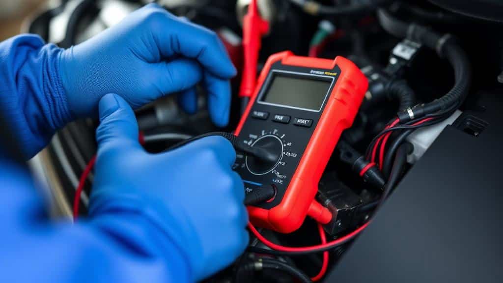 A person wearing blue gloves uses a digital multimeter to check electrical components under a car hood.