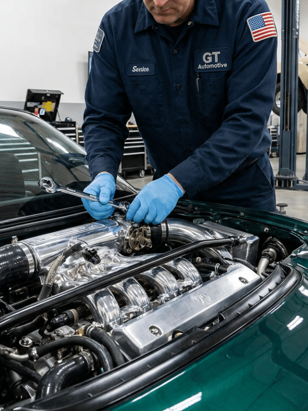 A mechanic in a dark blue uniform and blue gloves uses a wrench to perform an oil change on a car engine in a garage.