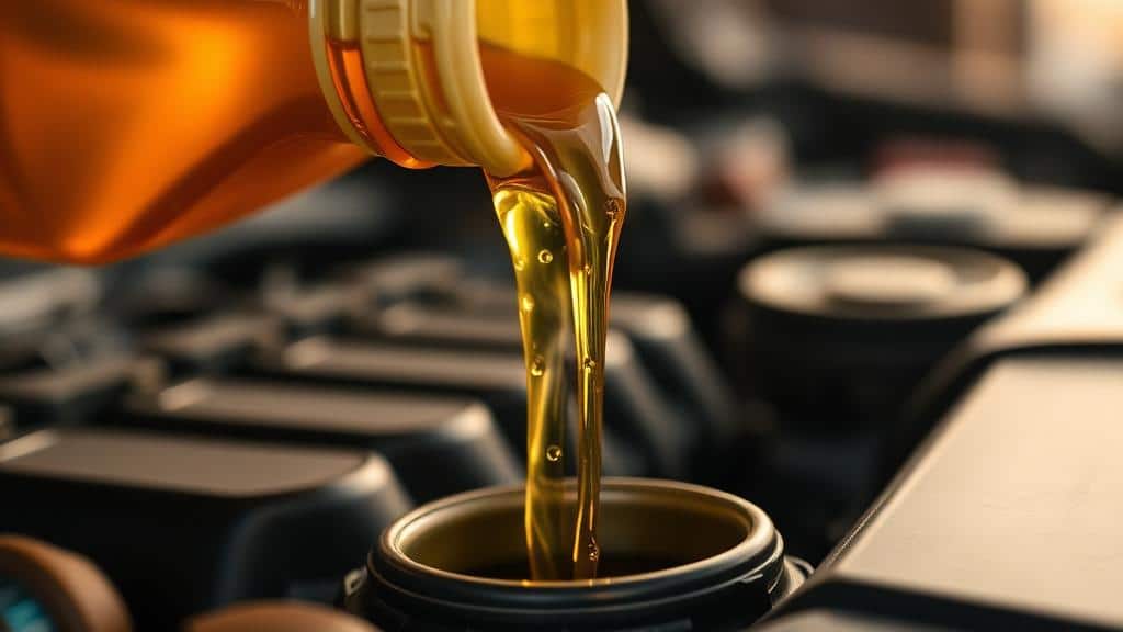 Golden motor oil being poured from a plastic bottle into a vehicle engine with a blurred engine background.